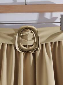 GlowEve 女士秋冬户外/办公室商务休闲连衣裙，金属扣领带蝴蝶结优雅通勤时尚精致郁金香裙 - 卡其色 - 查看 4