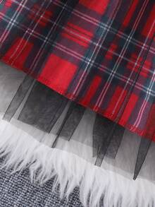 Elladie kids 女童可爱休闲泡泡袖翻领连衣裙，格子网裙，配腰带，适合日常穿着 - 黑色 - 查看 6