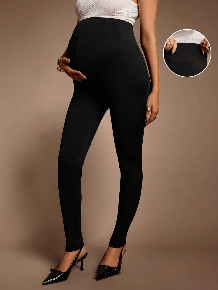 MaterniChic Soft Knitted Fabric Maternity Leggings Black Long Plain Design