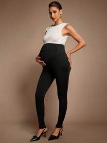 MaterniChic Soft Knitted Fabric Maternity Leggings Black Long Plain Design