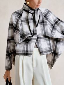 SHEIN Stylify 女式格子领蝴蝶结装饰休闲套头斗篷夹克，做旧格纹图案，可双面穿着，舒适适合日常、居家、通勤、秋冬外套