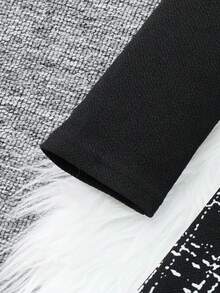 SHEIN 少女优雅休闲针织立领连衣裙，仿珍珠泡泡袖，腰带，秋冬 - 黑與白 - 查看 5