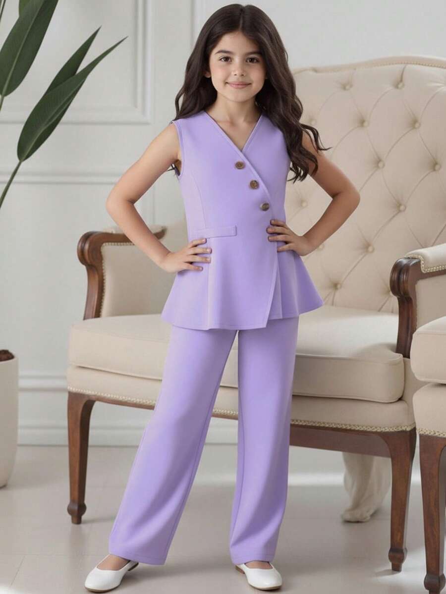 Bộ 2 quần và áo vest cài nút màu trơn đơn giản cho bé gái tuổi teen - Màu tím - Xem 1