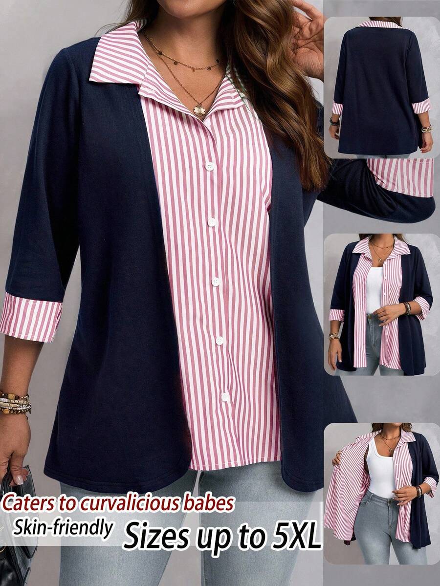 EMERY ROSE Camisa casual de talla grande a rayas y patchwork, otoño - Rojo - Ver 1