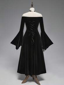 ROMWE Gothic Style Off-Shoulder Cross Pendant Ruched Front High Slit Flare Sleeve Velvet Vintage Dress For Women - Black - View 2