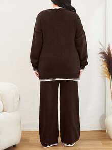 EURMUSE Color Block Edged Long Sleeve Sweater And Knitted Pants Two Pieces Set - Brown - View 2