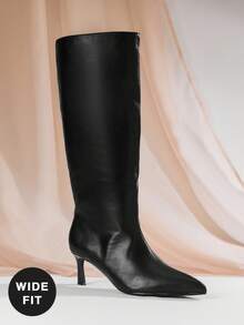 SHUZIA Women's Wide-Calf Fashionable & Comfortable Point Toe Side Zipper Kitten Heel Mid-Calf Boots For Christmas - Black - View 3