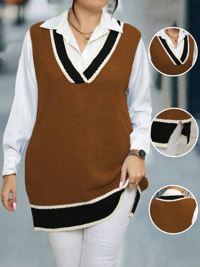 Elenzga 大码女式条纹V领休闲针织背心，秋冬
