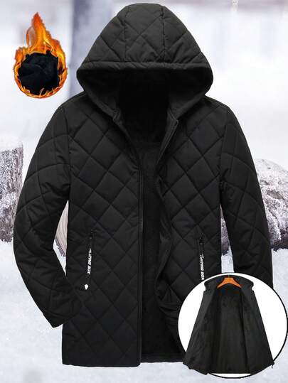 Manfinity Homme Men's Autumn/Winter Quilted Hooded Padded Coat, Black Zip-Up Casual Mid-Length Padded Coat, Fleece-Lined Diamond Quilted Design Men Winter Jacket Hoodie Jacket Men Fleece Lined Jacket Men Men Quilted Jacket Winter Coat Men , Suitable For Daily Commute And Events, Also An Ideal Gift For Friends, Boyfriends, And Husbands
