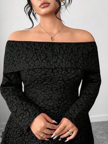 Elenzga 大码女式圣诞红色提花露肩露背蝴蝶结长袖短款连衣裙 - 黑色 - 查看 5