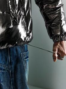 ROMWE MEN Street Life Áo khoác nam dài tay cổ đứng có khóa kéo, đệm ấm, màu ánh kim, mùa đông - Bạc - Xem 6