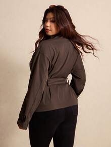 Elaquor Plus Size Women's Solid Color Lapel NeckLong Sleeve Double-Breasted Casual Jacket, Autumn/Winter Brown Office Old Money - Coffee Brown - View 2