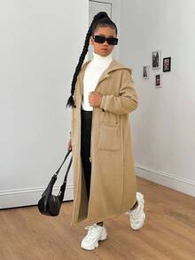 SHEIN Sparklyn 少女休闲百搭长款连帽外套，适合居家、上学、运动等多种场合，收腰设计，秋冬季款 - 卡其色 - 查看 3