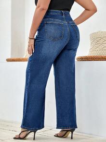 EMERY ROSE Plus Size Casual Versatile Loose Straight Leg Boyfriend Jeans - Dark Wash - View 2