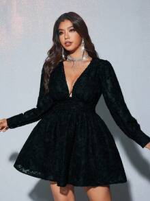 Viva Relle Star Print V-Neck Black & White Fitted Waist Casual Elegant Long Sleeve Slim Plus Size Mini Dress, Suitable For Party - Navy Blue - View 3