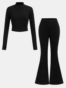 SHEIN 少女休闲针织纯色保暖内衬罗纹拉链领上衣和喇叭裤套装，秋冬季基础叠穿单品，黑色两件套 - 黑色 - 查看 12