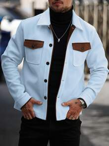 Manfinity Homme Men's Long Sleeve Casual Commuter Coat, Autumn/Winter Button Placket Light Blue Coat - Blue - View 1