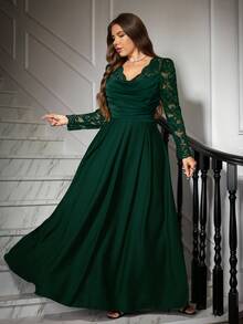 Ellevyn 大码女式撞色蕾丝长袖褶皱设计优雅连衣裙 - 墨綠色 - 查看 6