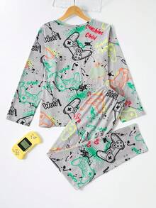 2 件套青少年男孩电子游戏印花睡衣套装 - 长裤和长袖上衣 - 深灰色 - 查看 2