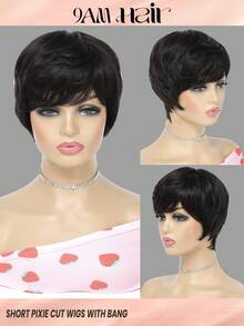 精灵短款假发，带仿头皮，直发，Remy 彩色真人发，机织短假发，自然黑色，女士假发