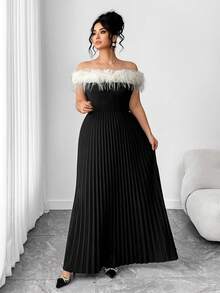 Elenzga 大码女式优雅蓬松拼接露肩高端褶皱连衣裙，适合派对和活动，秋冬季 - 黑色 - 查看 4