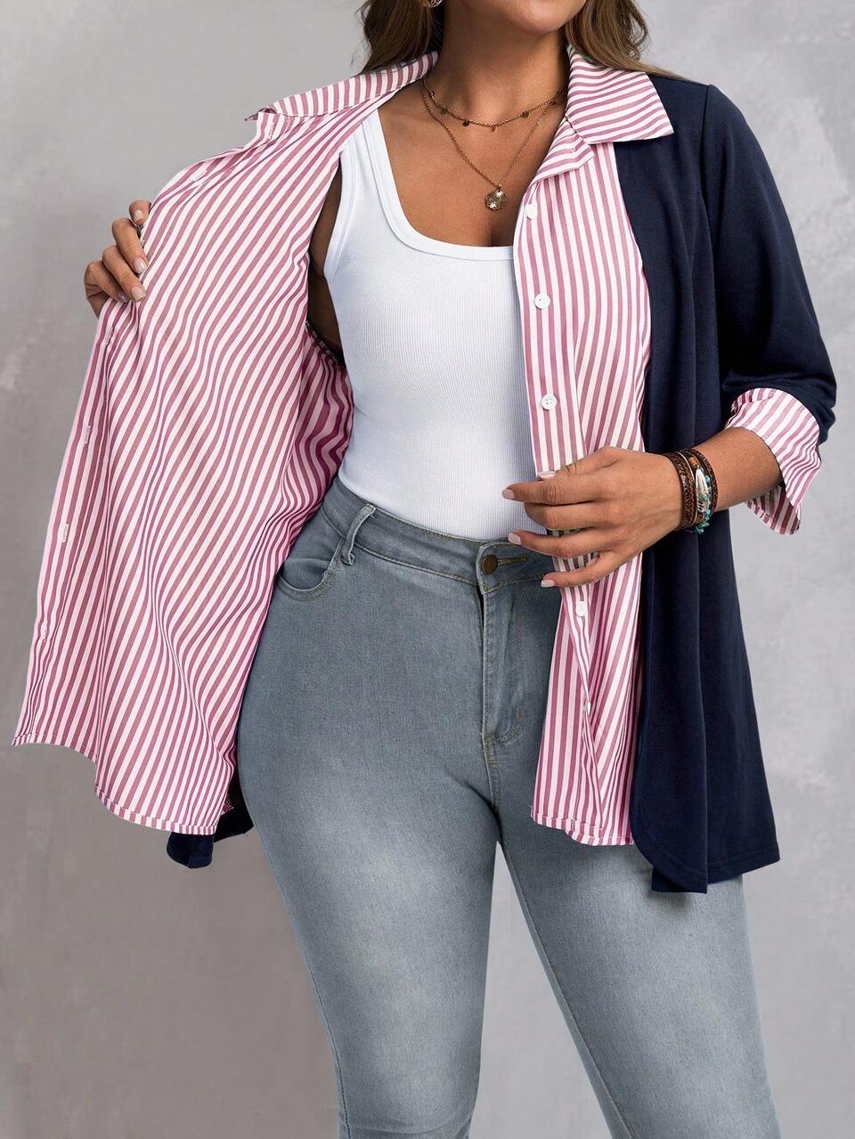 Plus Size Casual Commuter Striped Patchwork Shirt, Autumn