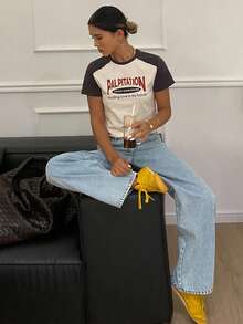 Dazy Tall 女式高腰豹纹宽松休闲街头风牛仔裤 - 藍色 - 查看 5