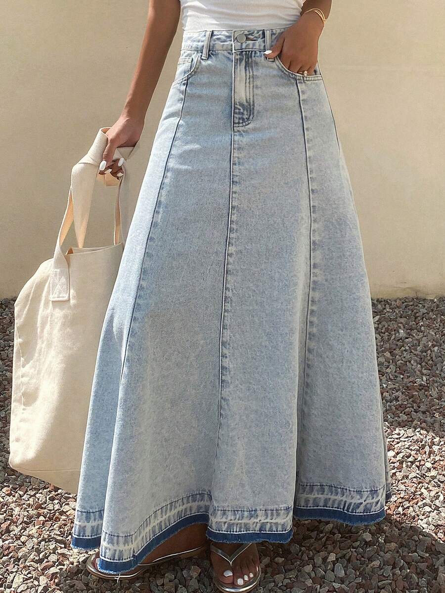 Dazy Tall Tall Women's Low Waist Frayed Hem Long Casual Denim Skirt - Light Wash - View 1