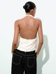 Maija Women's Fashionable Sexy Backless Tassel Halter Top White Top Draped Top White Elegant Top White Sequin Top - White - View 2