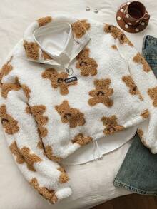 Comfortcana 女士新款卡通熊图案毛绒半拉链运动衫、冬装、长袖上衣 - 彩色 - 查看 4