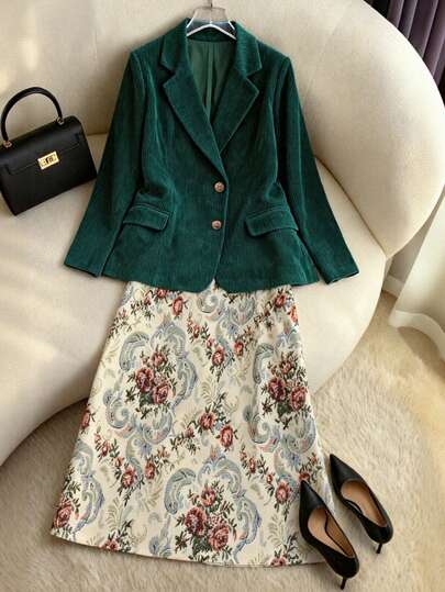 Franclia 大码女式优雅提花裙套装，绿色两件套，适合圣诞节、秋冬季