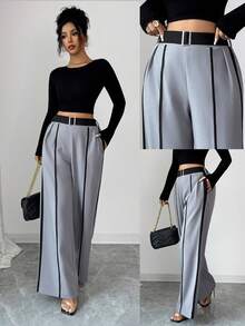 SHEIN Elenzya Quần ống rộng màu đen viền xám tương phản thanh lịch dành cho nữ - Xám - Xem 1