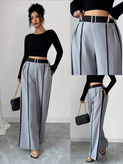 SHEIN Elenzya Quần ống rộng màu đen viền xám tương phản thanh lịch dành cho nữ