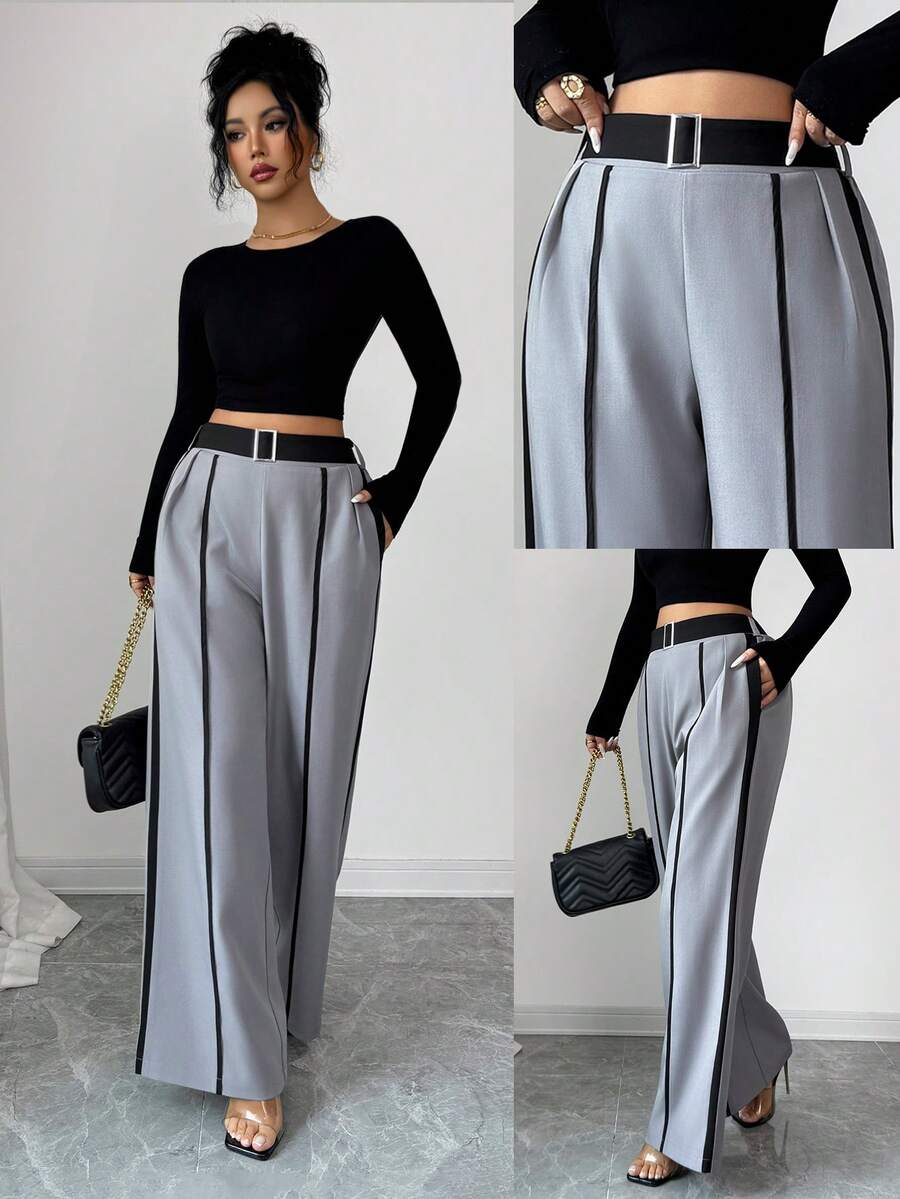 SHEIN Elenzya Quần ống rộng màu đen viền xám tương phản thanh lịch dành cho nữ - Xám - Xem 1