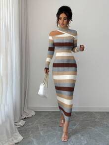 Elenzga Váy ôm sát midi hở vai ombre thanh lịch, thu/đông - Màu Khaki - Xem 6