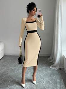 Elenzga 方领拼色紧身性感女式连衣裙超长女士服装 - 卡其色 - 查看 3