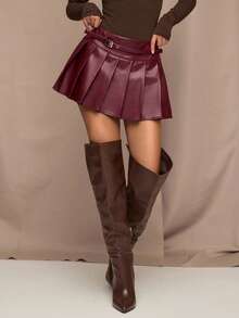 SHEIN BAE 女士时尚性感腰部褶皱迷你裙 - 酒紅色 - 查看 5