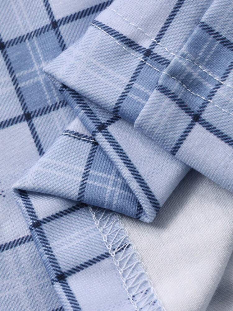 Men's Autumn Plaid Shirt With Letter Embroidery & Pants Pajama Set, Fall & Winter Clothes