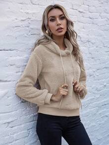 SHEIN LUNE Plain Solid Color Fleece Hooded Long Sleeve Pullover Sweatshirt, Autumn/Winter - Apricot - View 3