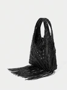 SHECARRY Bolso de mano con flecos y lentejuelas para mujer - Negro - Ver 2
