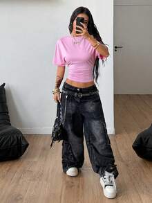 Coolane 女式夏季简约 Y2K 基本款日常休闲返校街头风弹力白色宽松褶饰短款 T 恤 - 粉色 - 查看 2