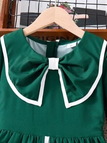 SHEIN Robe mi-longue plissée à ligne A avec col, manches longues et ourlet patchwork, convenant pour les déplacements et les sorties quotidiennes, printemps/automne - Vert - Voir 6