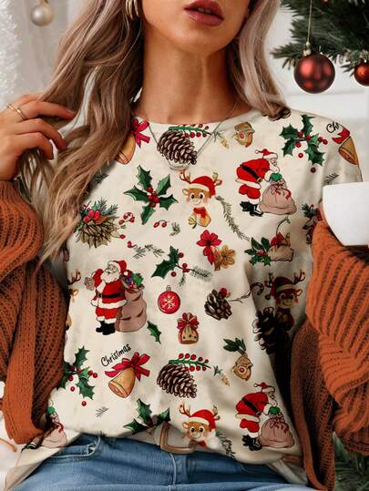 EMERY ROSE 大码休闲圣诞印花圆领短袖T恤，夏季