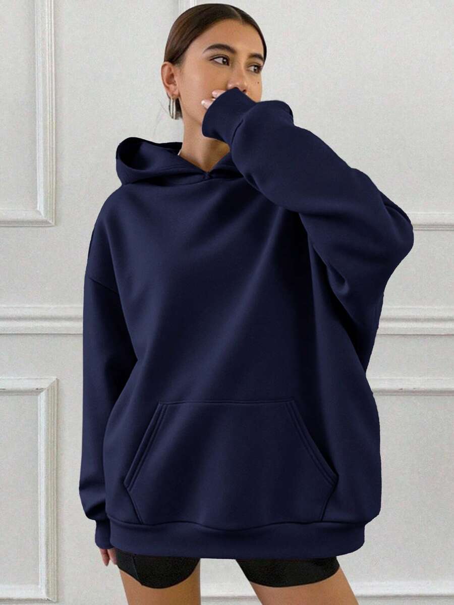 SHEIN 少女纯色简约宽松卫衣,休闲学院风,舒适时尚,百搭柔软面料,适合日常穿着、上学、外出、户外活动。藏蓝色卫衣,纯色卫衣,少女宽松卫衣。 - 藏蓝色 - 查看 1