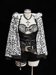 Sweetra 豹纹仿皮草简约帽和短款复古休闲夹克 - 黑與白 - 查看 6