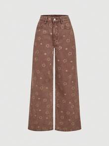Selenza Women's Casual Retro Floral Print Wide Leg Jeans - Brown - View 1
