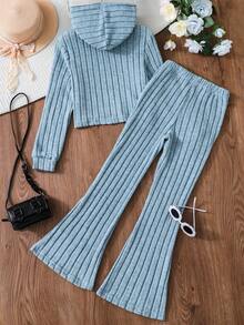 SHEIN 女孩子實色針織連帽上衣配擴腿褲兩件套 - 淺藍色 - 查看 2