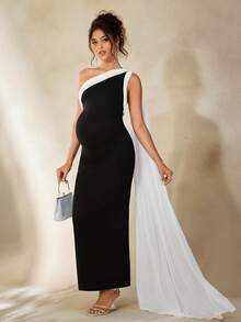 Cheriluna Maternity 孕妇写真连衣裙，蝴蝶结领，修身撞色长裙，后开衩 - 黑與白 - 查看 5
