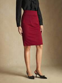 BizChic Falda de punto de pata de gallo burdeos para mujer, uso casual de oficina para viajes urbanos, elegante para fiestas de Navidad y celebraciones de Año Nuevo - Rojo - Ver 4