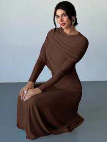 Firerie 优雅浪漫约会纯色黄色垂褶领不对称荷叶边腰身修身长款连衣裙（女款） - 咖啡 - 查看 5